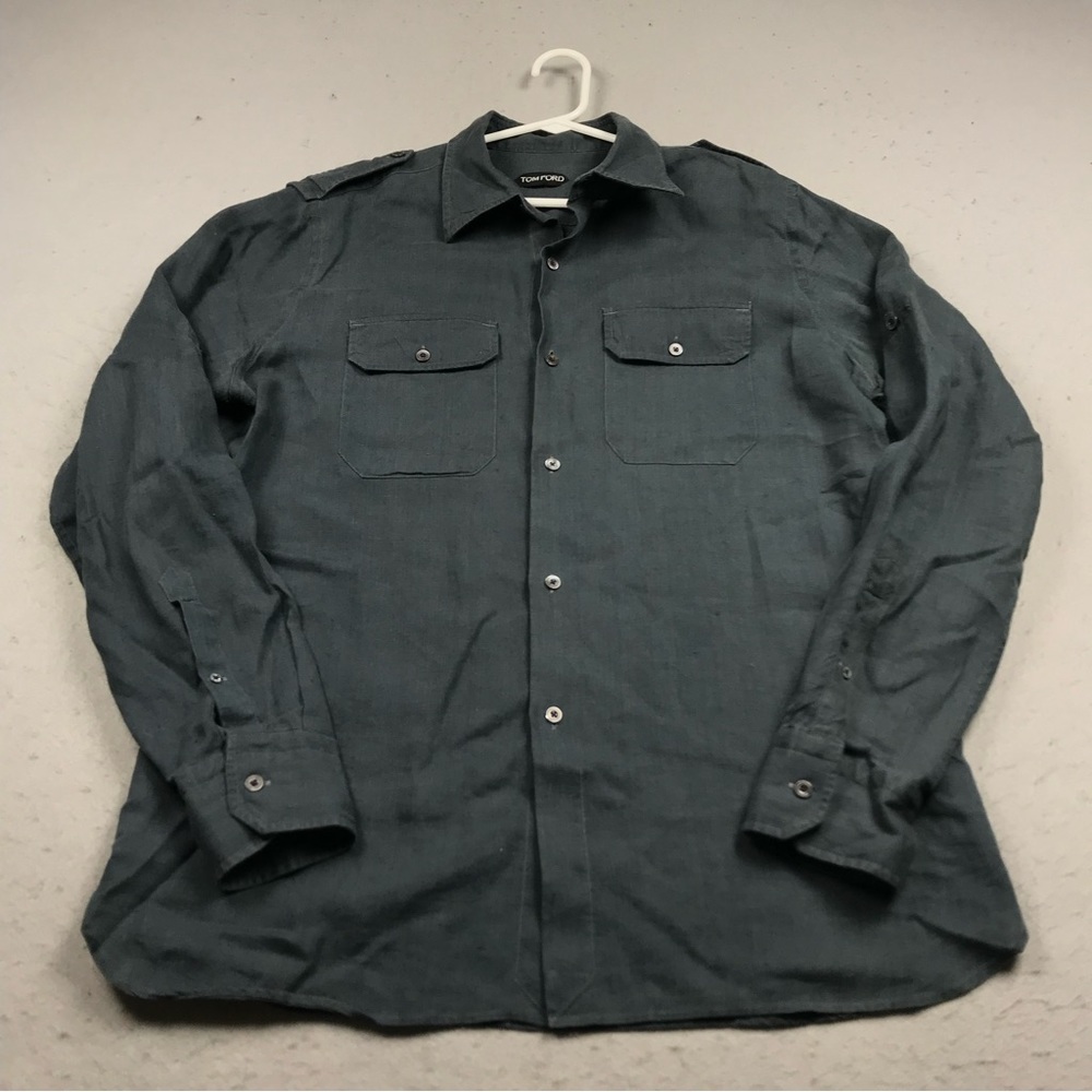 Tom Ford Shirt Mens 16.5 42 Blue Gray Solid Linen Military sockets Designer